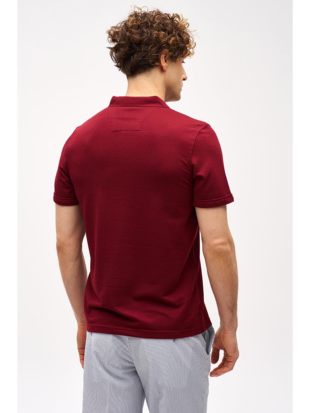 Bordo Slim Fit Dar Kalıp Fermuarlı Polo Yaka Düz Kısa Kollu  Tişört-4