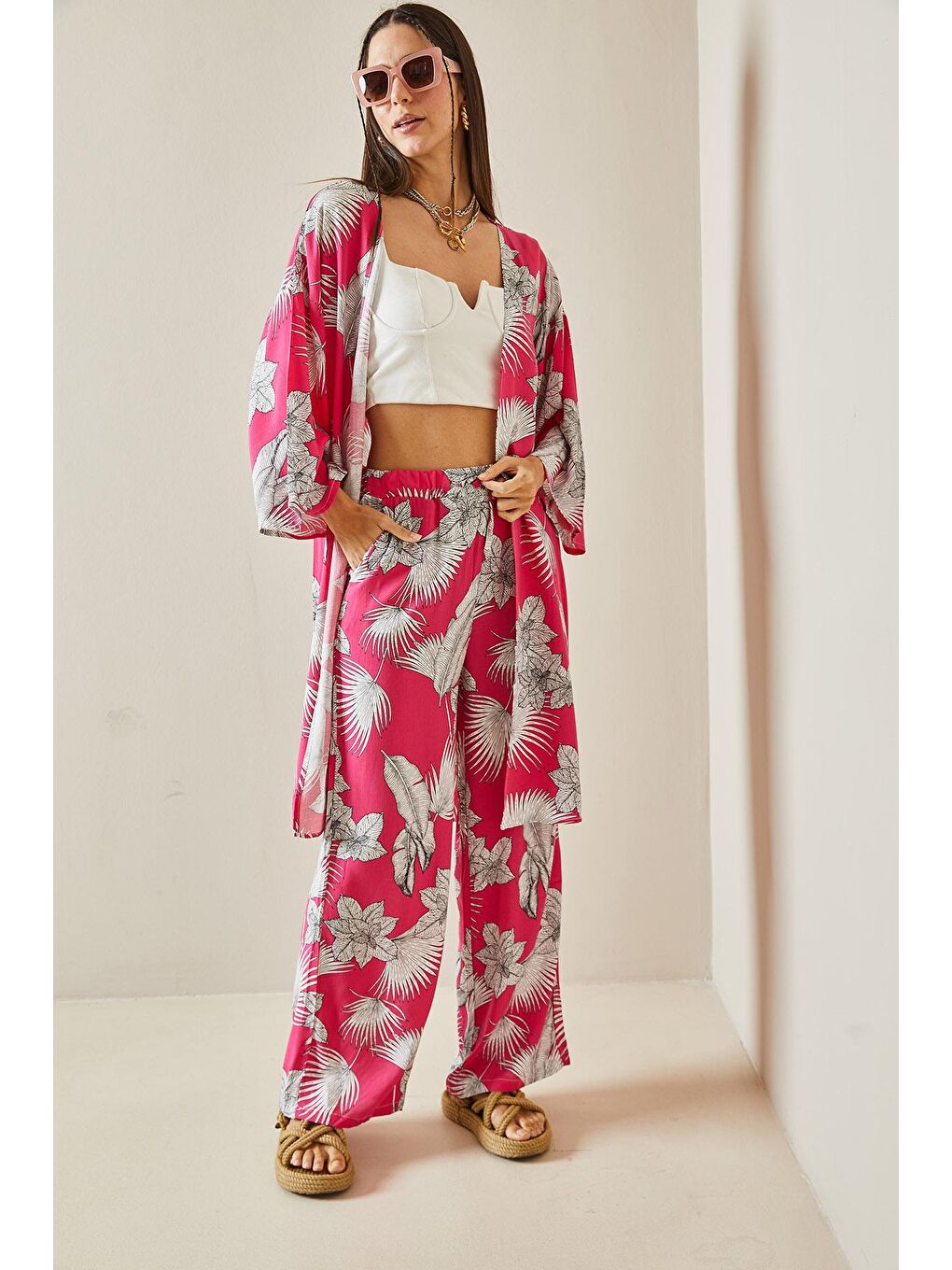 XHAN Pembe Çiçek Desenli Kimono Takım 5YXK8-48600-20 - 2