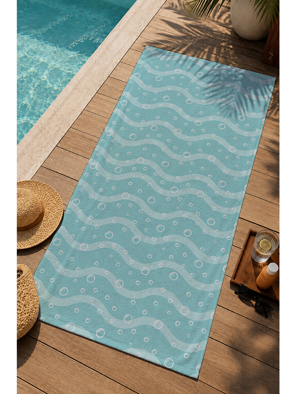 Milbay Grup Mint Yeşili Beyaz Dalgalı Çizgili Desenli 70x150 Cm Dijital Plaj Ve Banyo Havlusu-1180-2