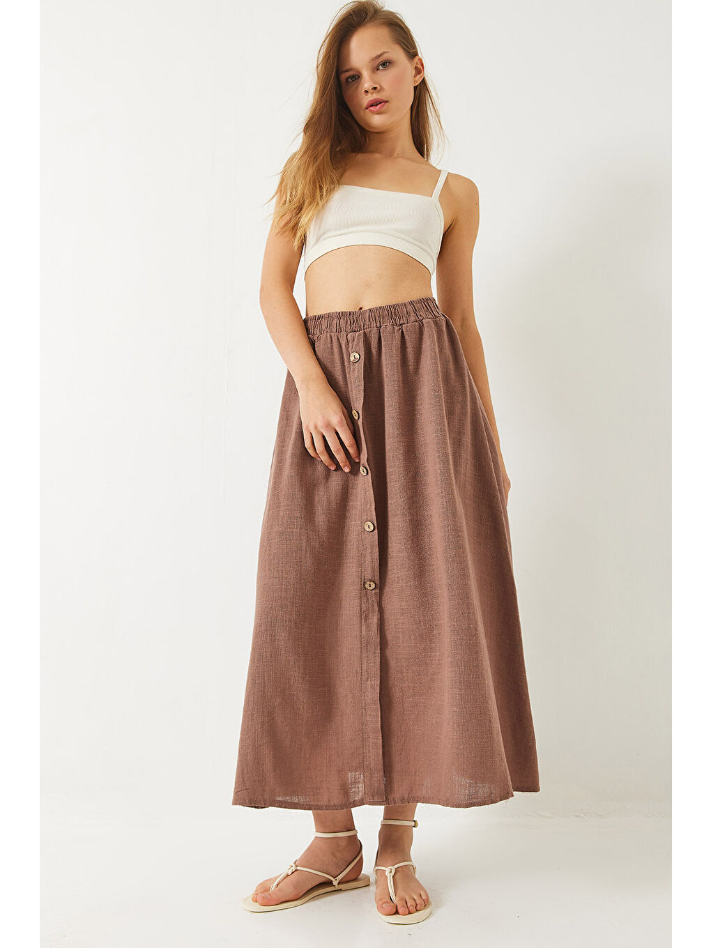 Bej Kadın Düğme Detaylı Beli Lastikli Kısa Astarlı Keten Etek