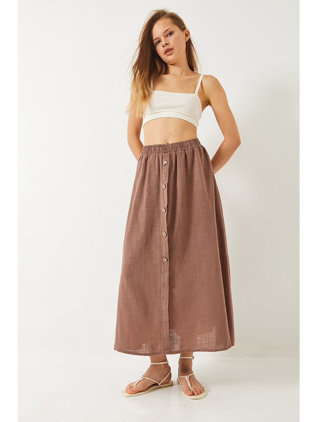 Bej Kadın Düğme Detaylı Beli Lastikli Kısa Astarlı Keten Etek-2