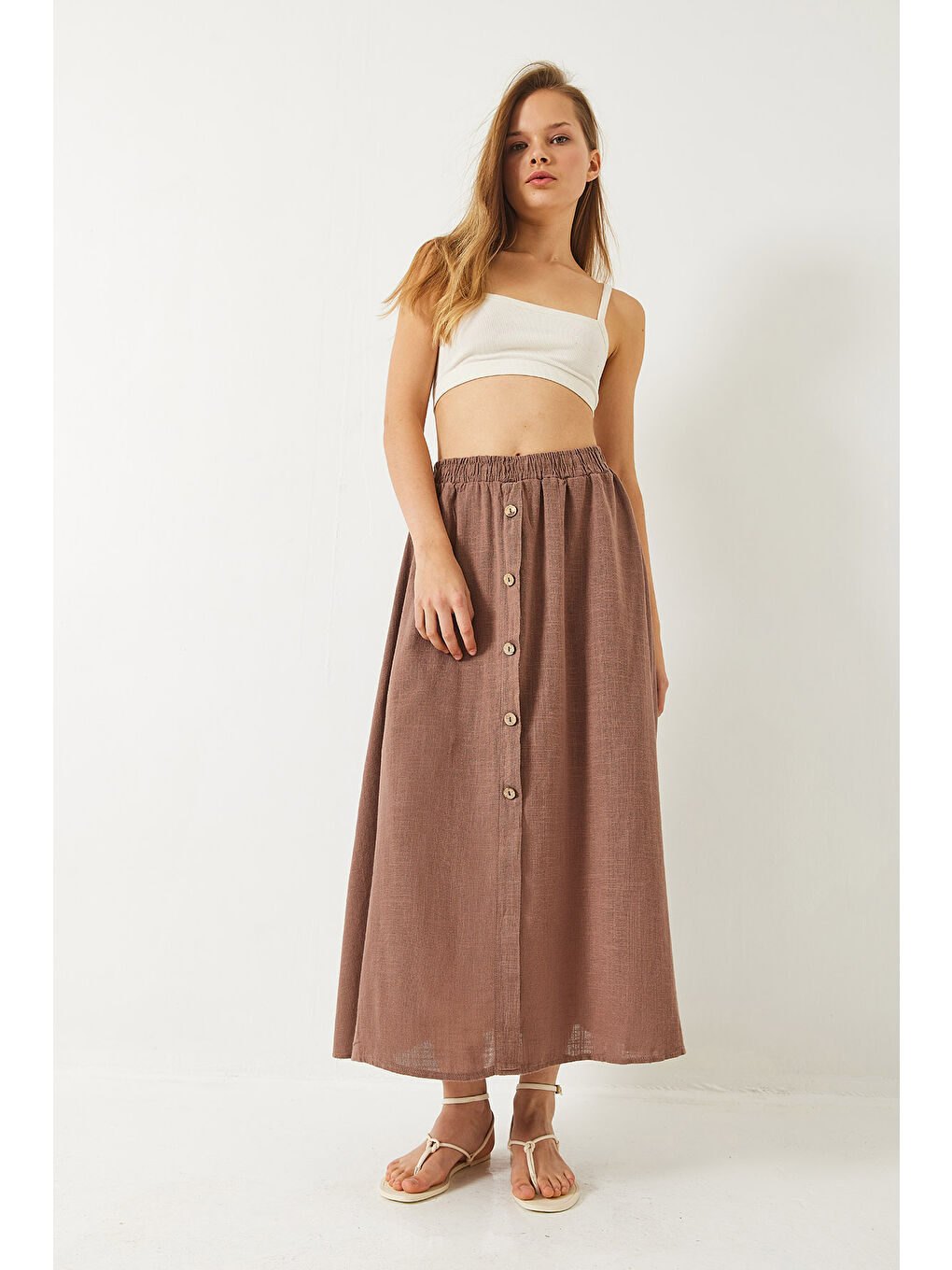 Bej Kadın Düğme Detaylı Beli Lastikli Kısa Astarlı Keten Etek-3