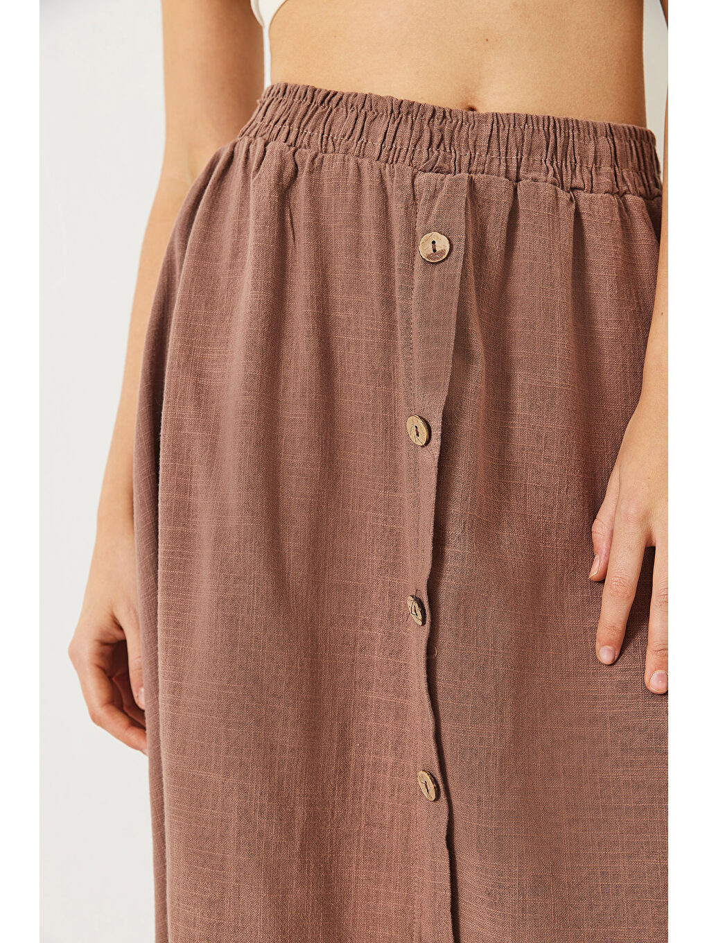 Bej Kadın Düğme Detaylı Beli Lastikli Kısa Astarlı Keten Etek-4