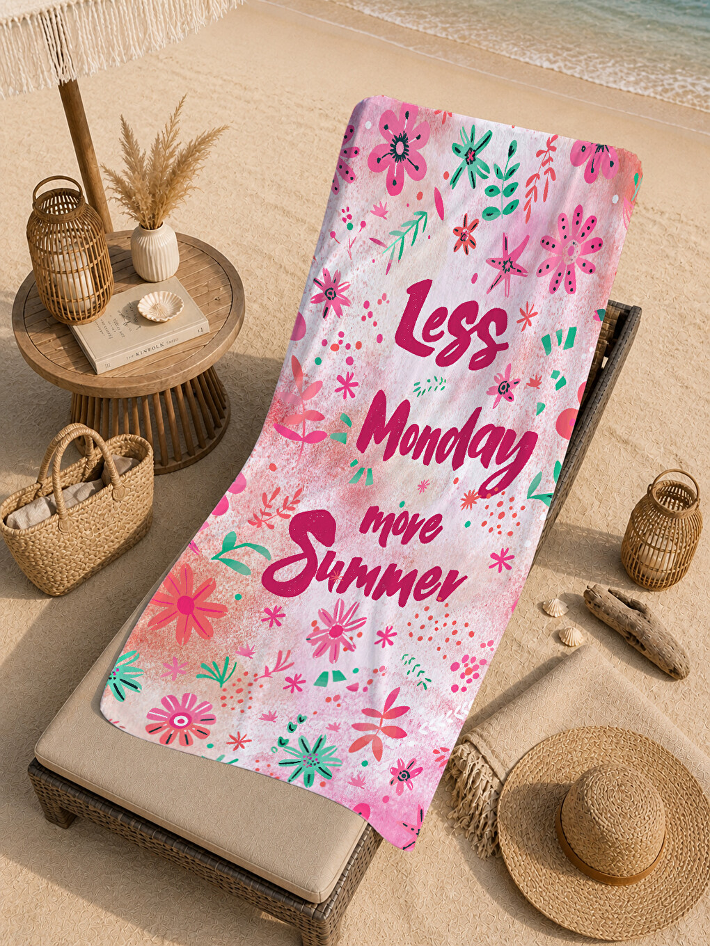 Pembe Çiçekli Less Mondays More Summer Yazılı 70x150 Cm Dijital Baskılı Plaj Ve Banyo Havlusu-4