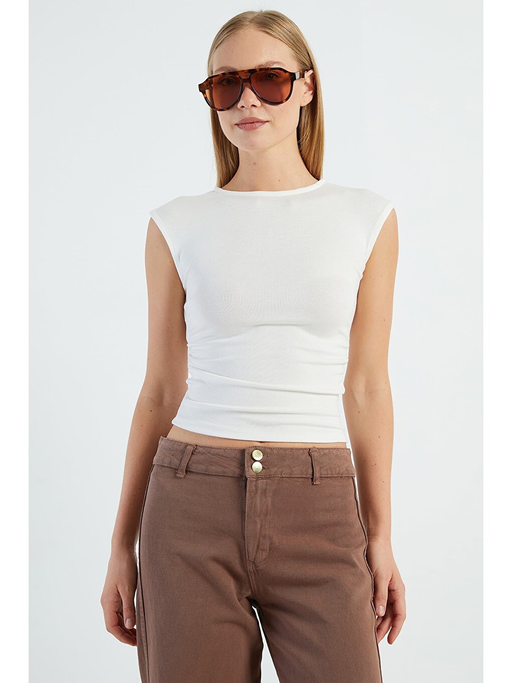 Ekru Yanı Drapeli Slim Fit Bluz-4