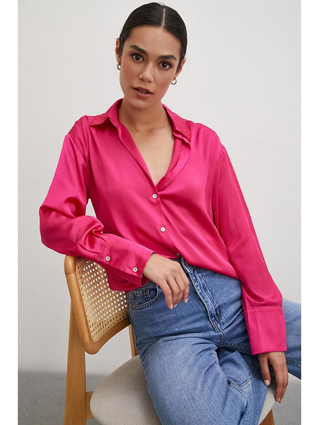 Fuşya Basic Saten Gömlek