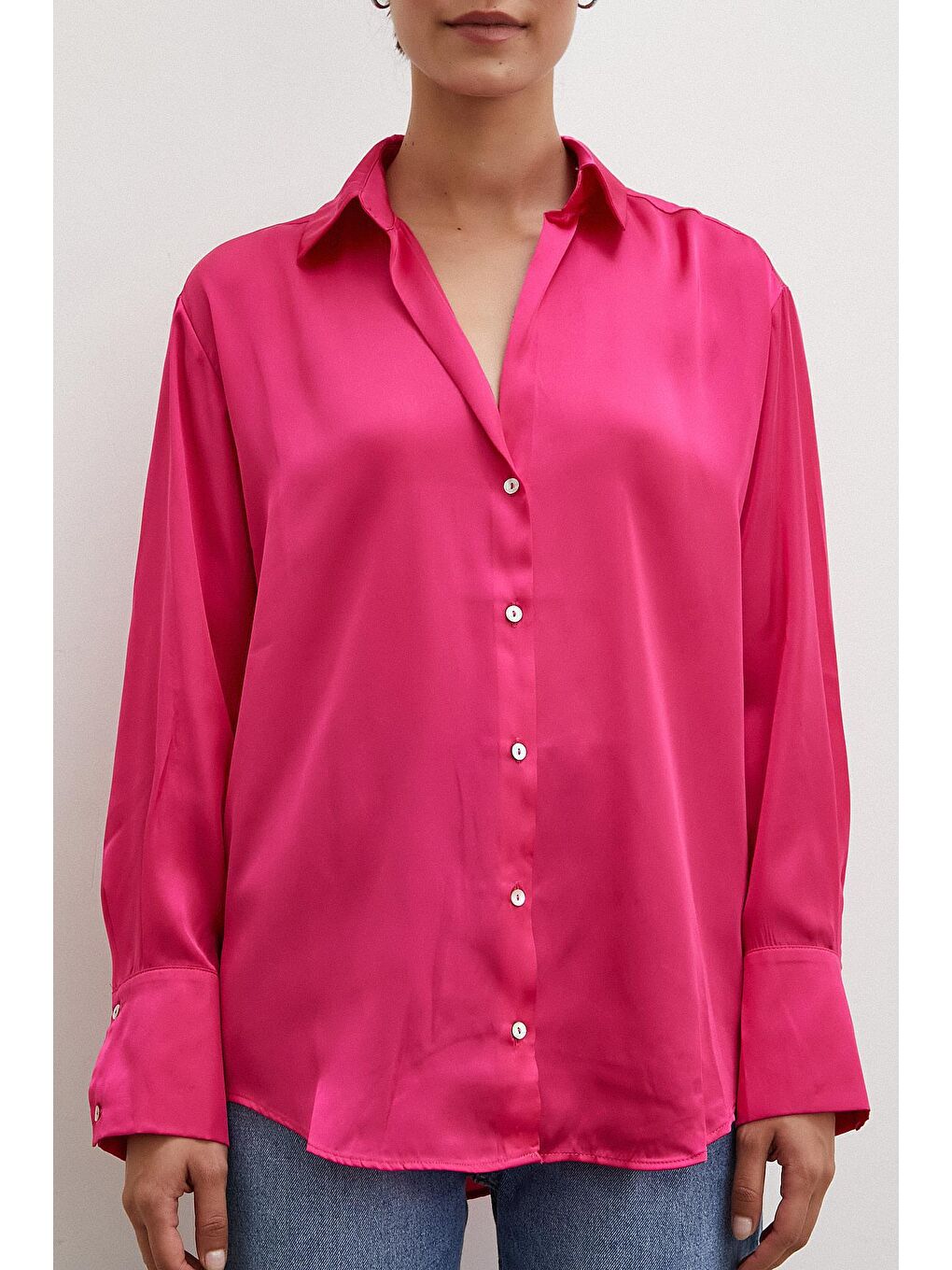 Fuşya Basic Saten Gömlek-1