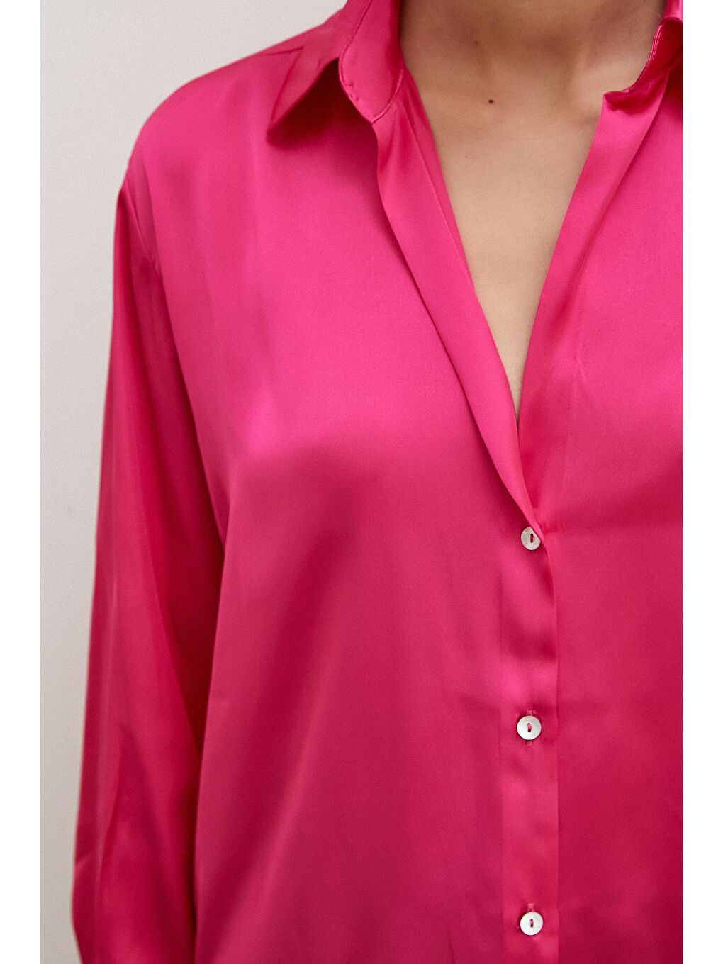 Fuşya Basic Saten Gömlek-2