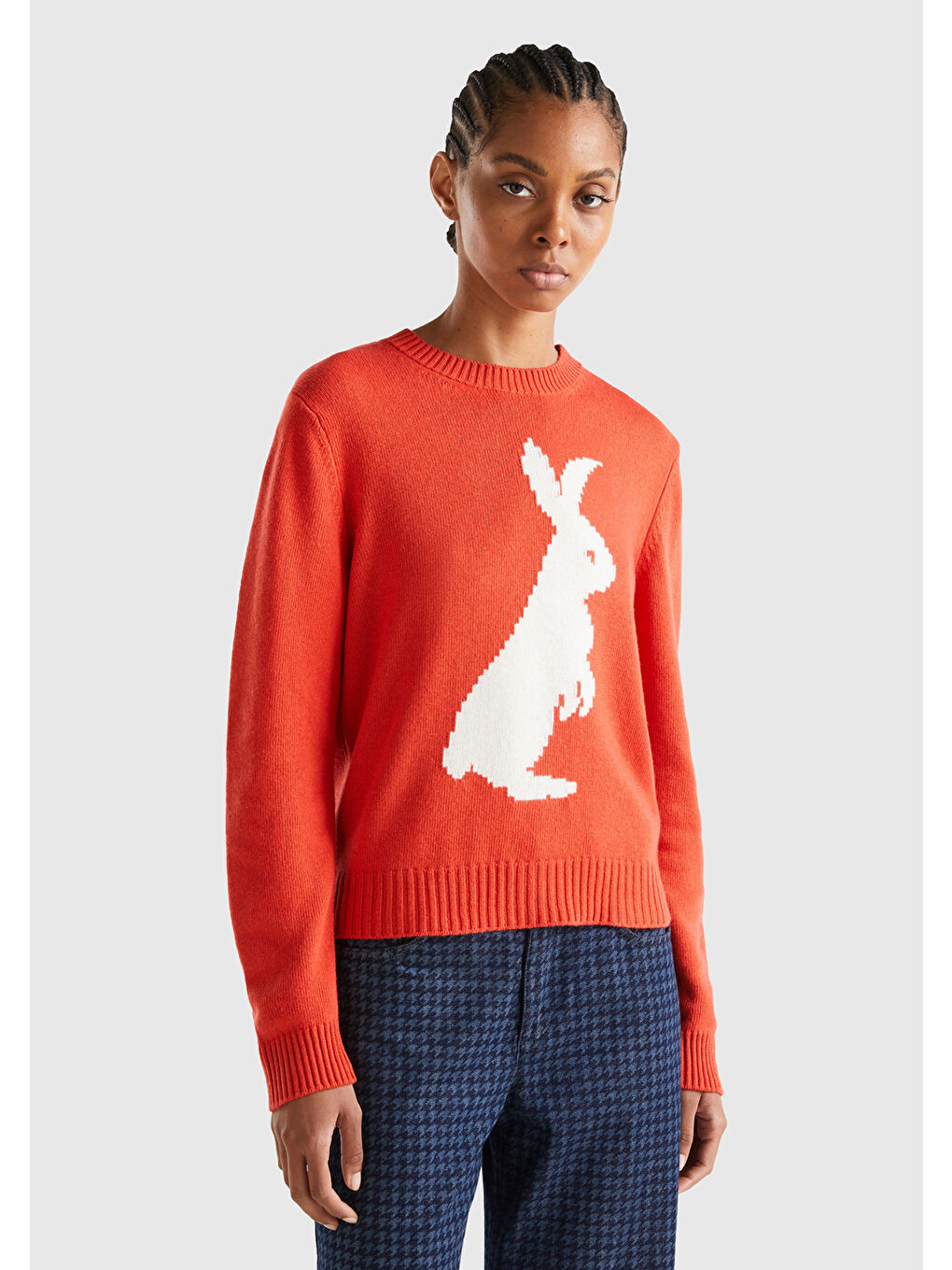 Kadın Kırmızı Kaşmir Karışımlı Tavşan Desenli Kazak