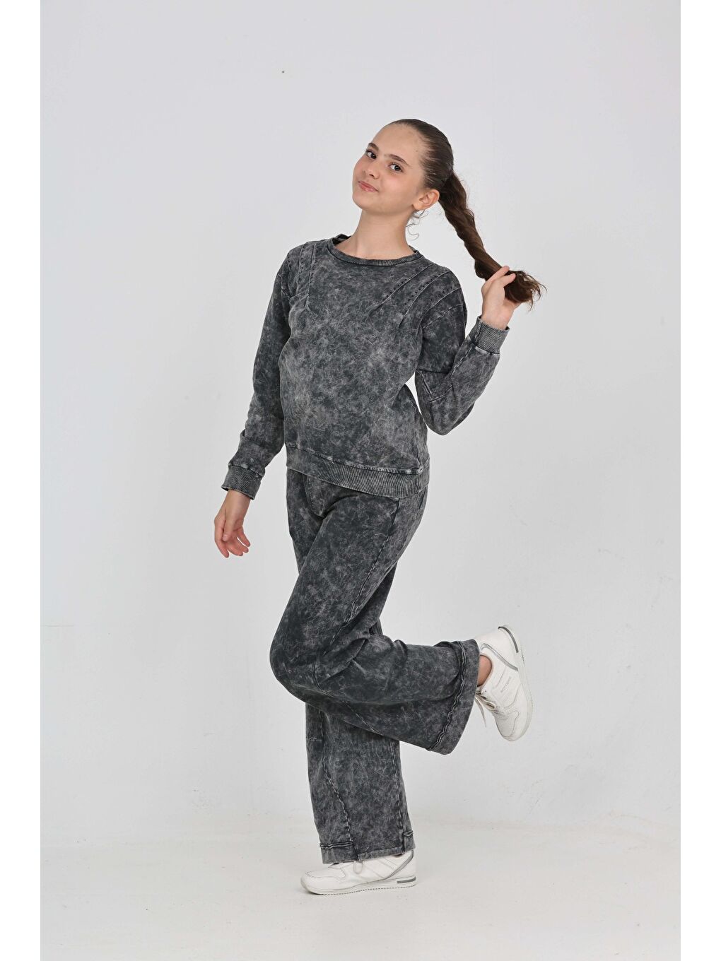 Antrasit Kız Çocuk Asit Yıkamalı Eşofman Takım-1