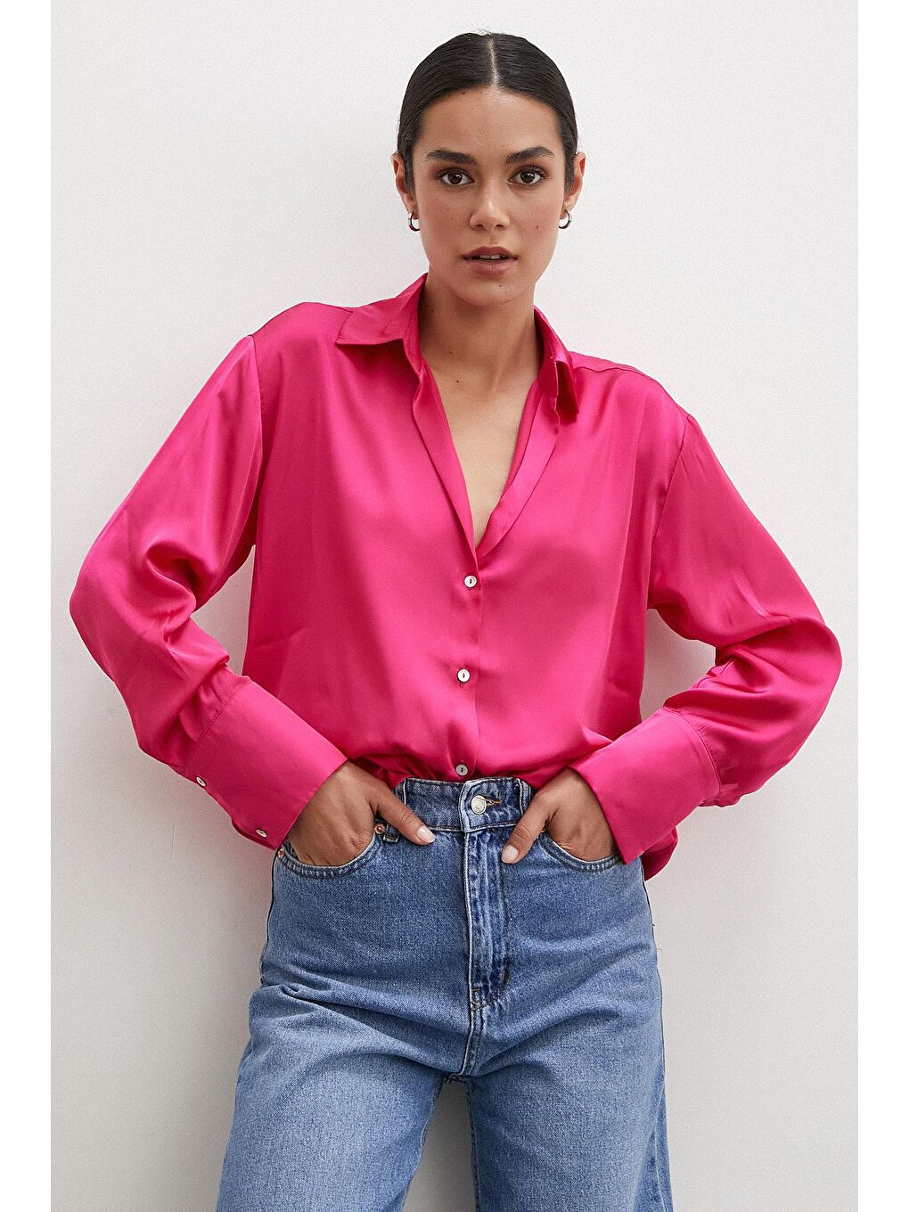 Fuşya Basic Saten Gömlek-4