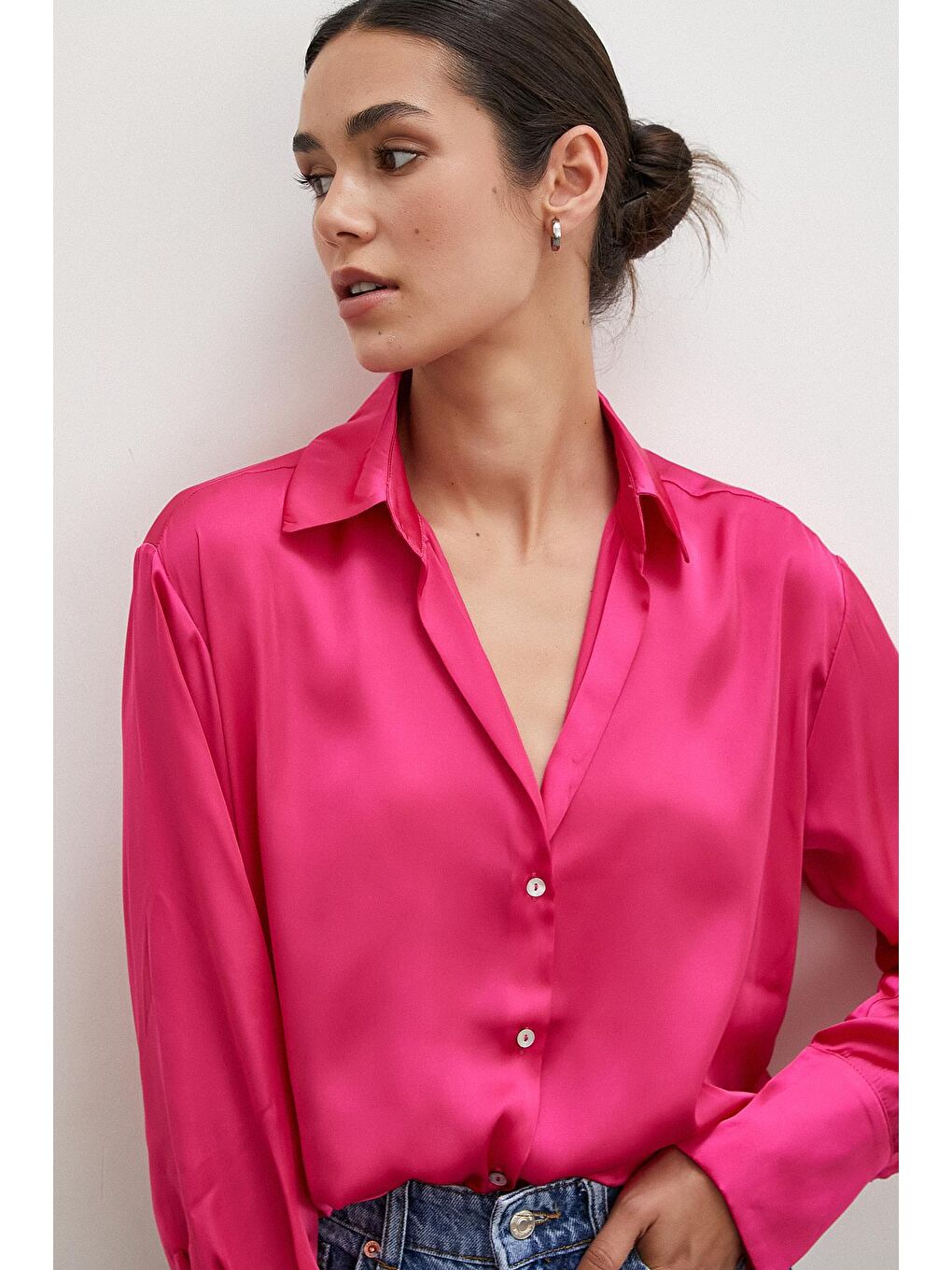 Fuşya Basic Saten Gömlek-5