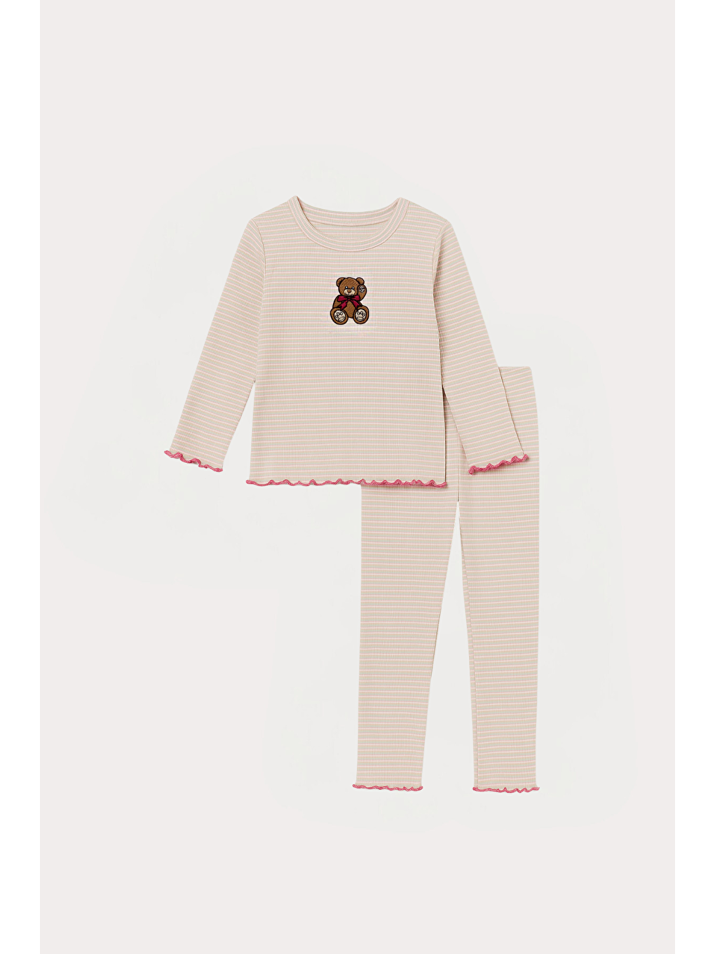 Kız Çocuk Teddy Desenli Pijama Takımı Ekru
