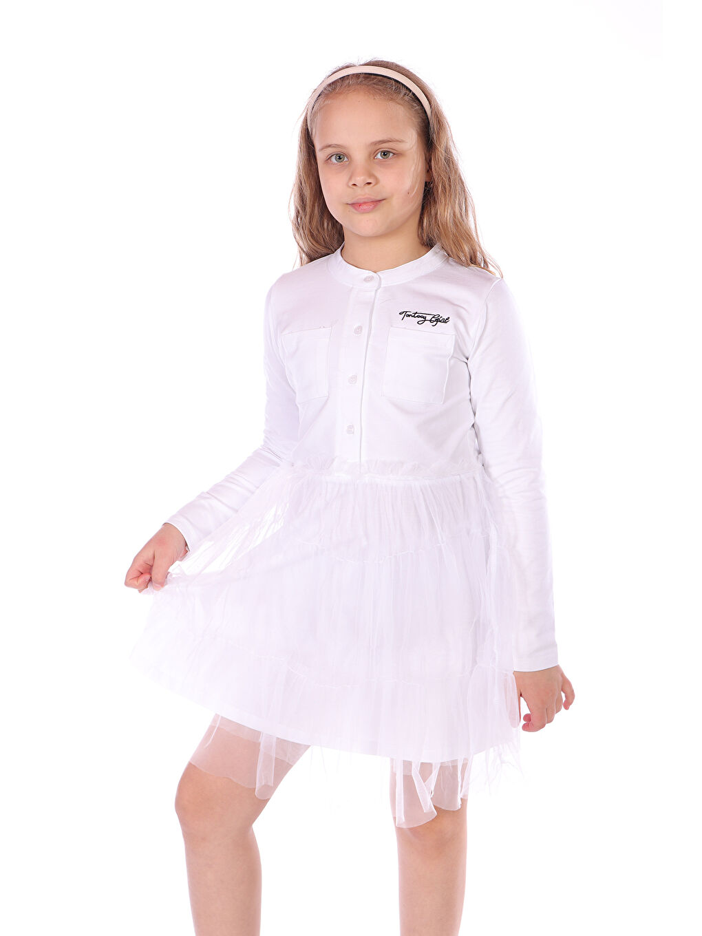 Beyaz Kız Çocuk Girl Nakışlı Tüllü Elbise