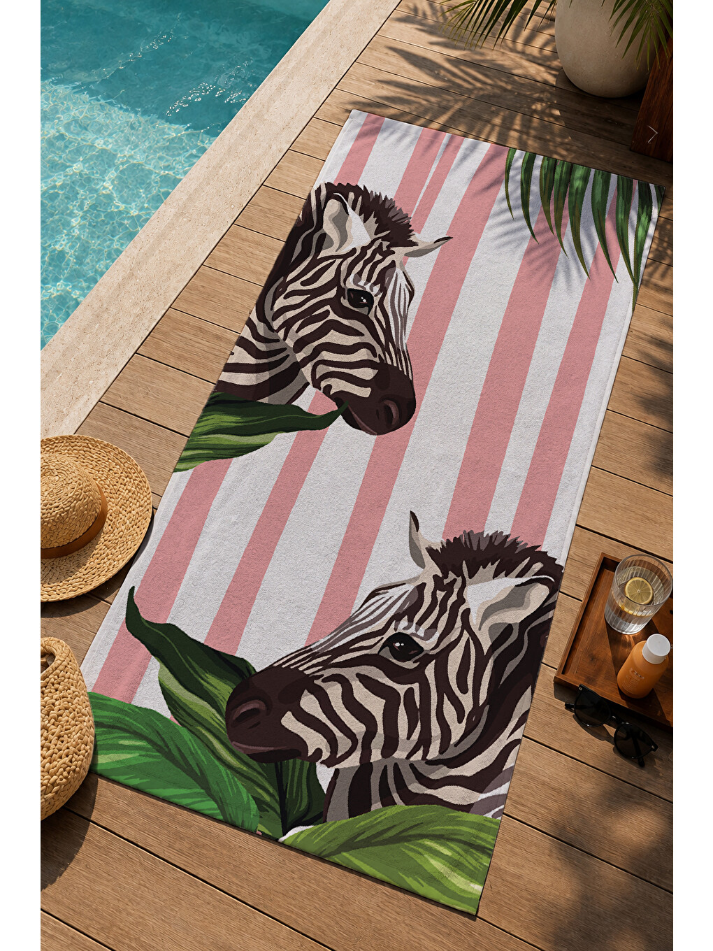 Pembe Çizgili Zebra Ve Tropikal Yaprak Desenli 70x150 Cm Dijital Baskılı Plaj Ve Banyo Havlusu-2