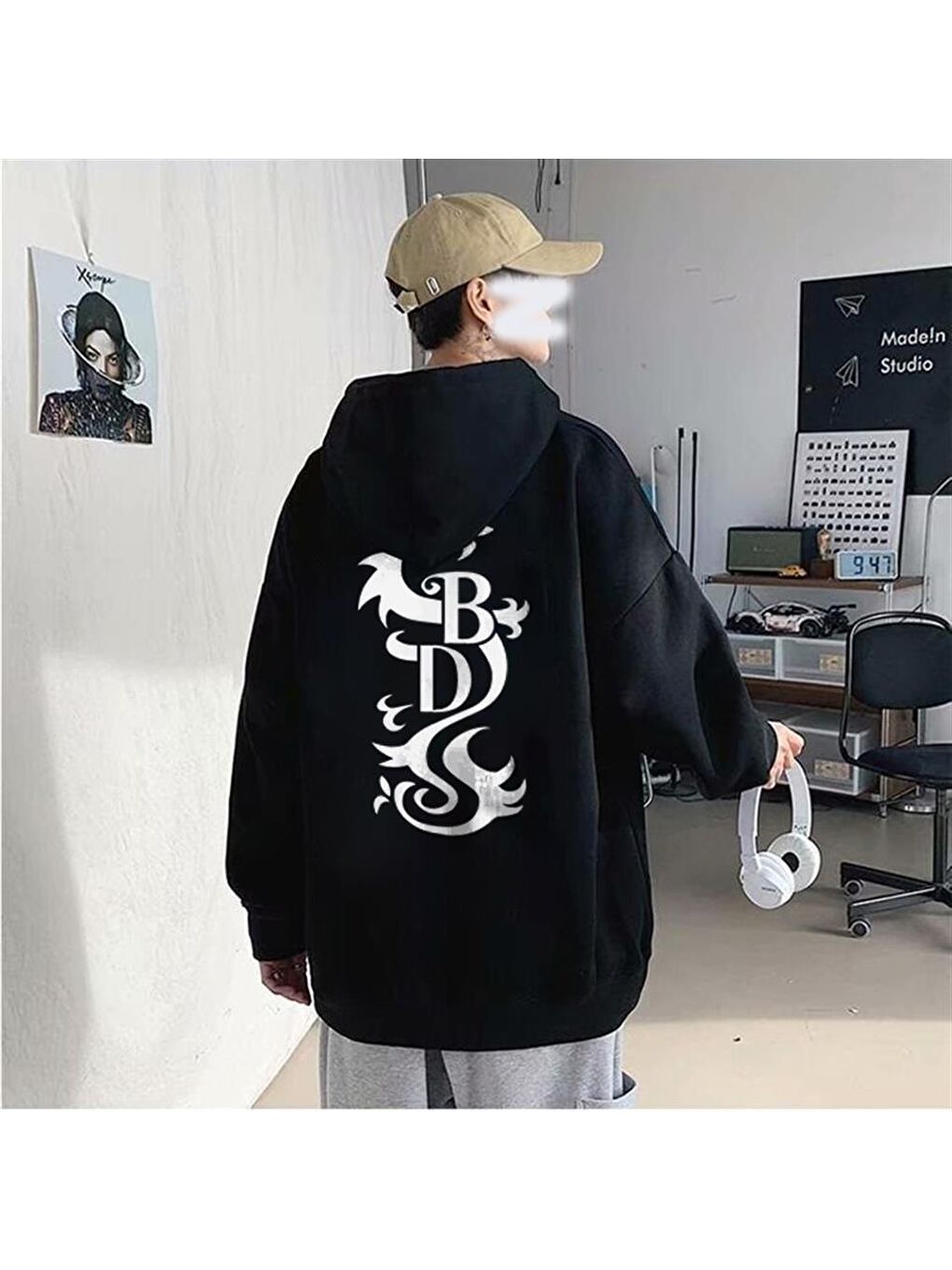 Touz Moda Siyah Black Dragon Sırt Baskılı Siyah Unisex Oversize Kapüşonlu Sweatshirt