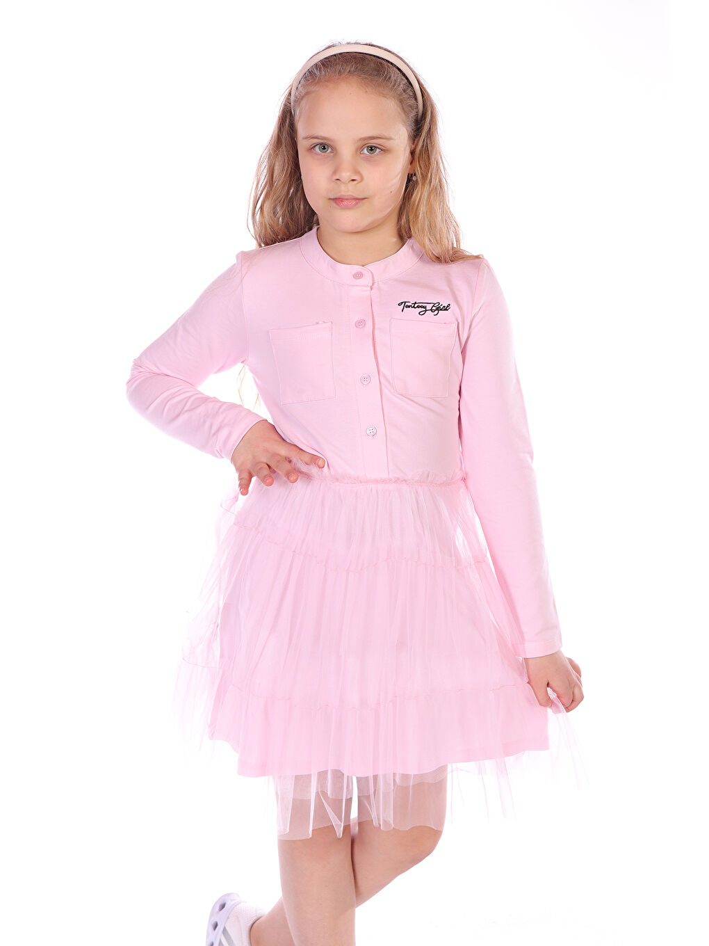 Pembe Kız Çocuk Girl Nakışlı Tüllü Elbise