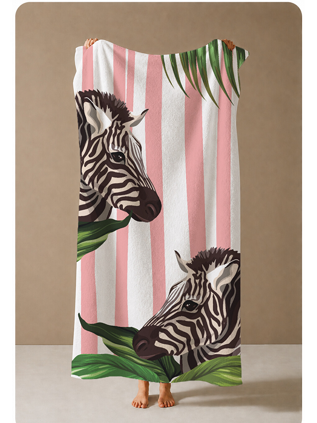 Pembe Çizgili Zebra Ve Tropikal Yaprak Desenli 70x150 Cm Dijital Baskılı Plaj Ve Banyo Havlusu-3