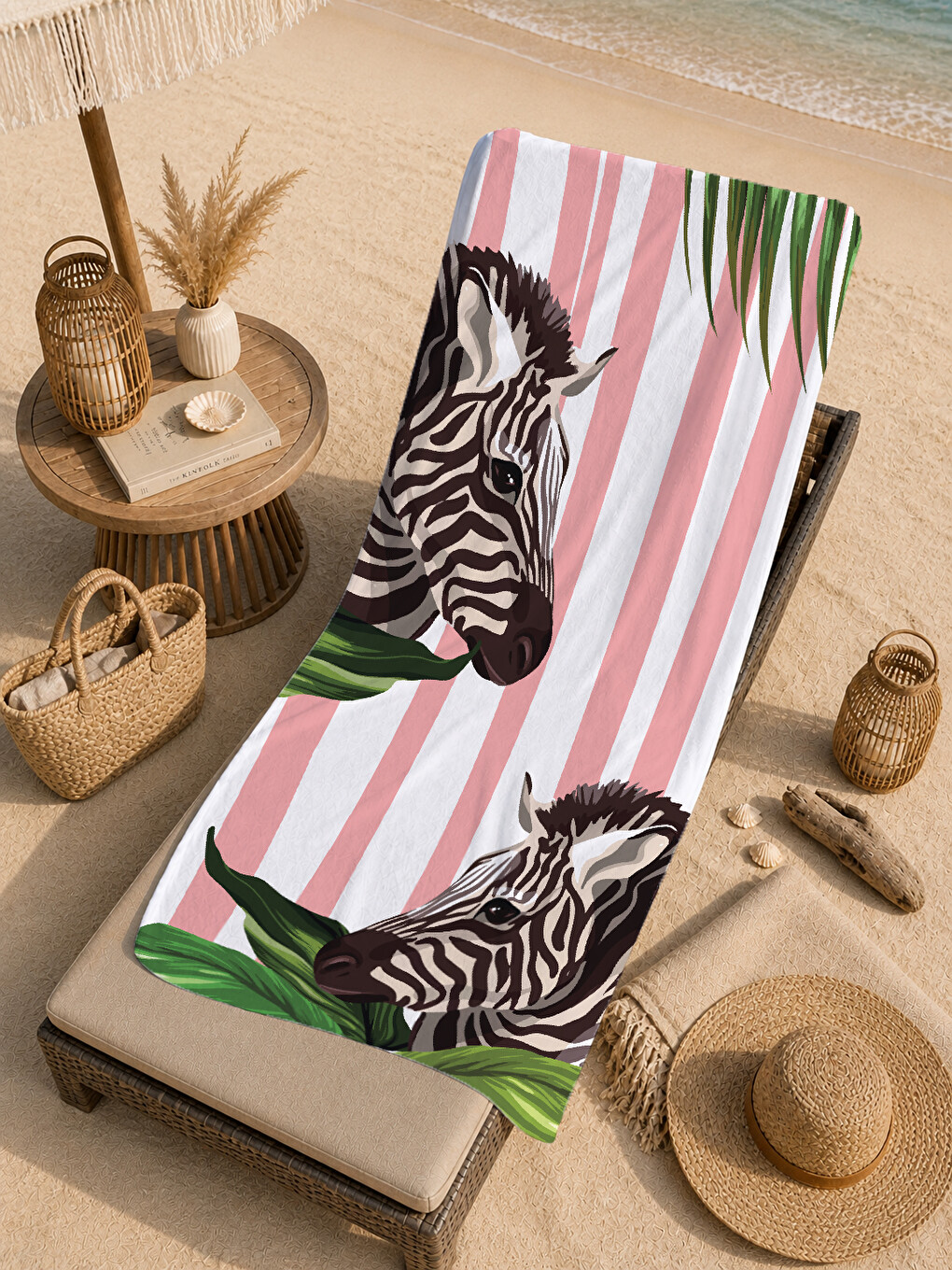 Pembe Çizgili Zebra Ve Tropikal Yaprak Desenli 70x150 Cm Dijital Baskılı Plaj Ve Banyo Havlusu-4