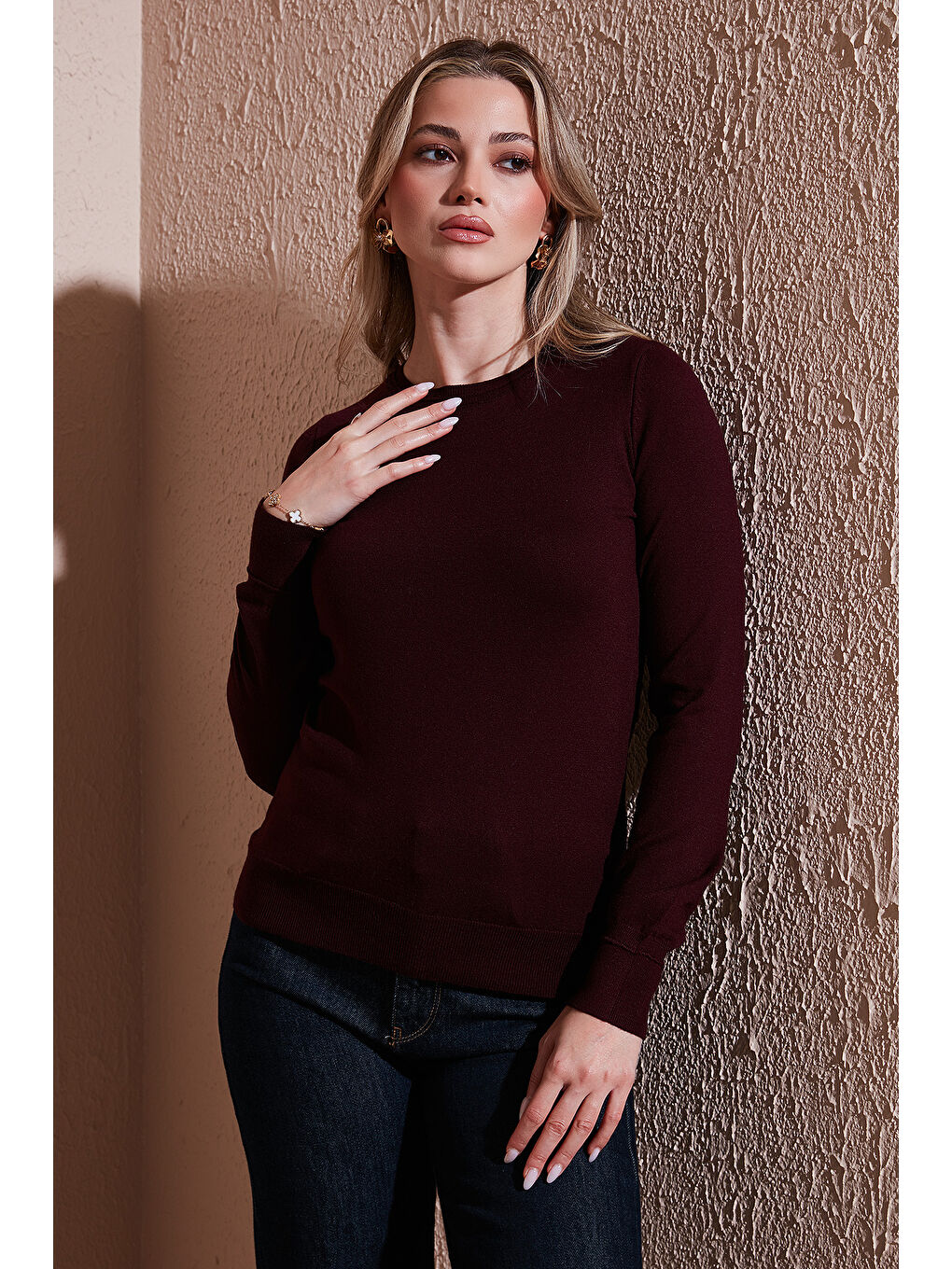 Bordo Regular Fit Bisiklet Yaka Kazak 25K0777K1-1