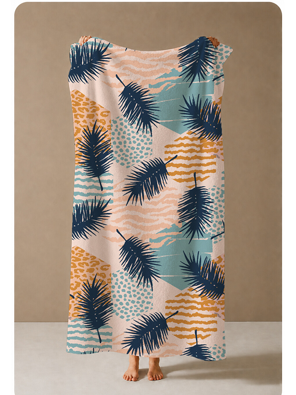 Bej Lacivert Tropikal Palmiye Yaprak Desenli 70x150 Cm Dijital Baskılı Plaj Ve Banyo Havlusu-3