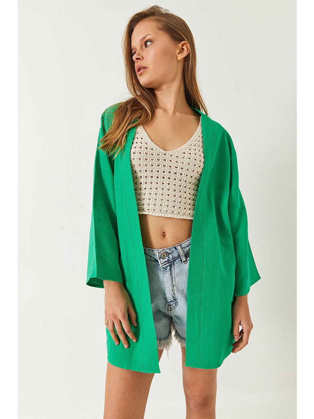 Yeşil Kadın Keten Dokulu Kısa Basic Kimono-1