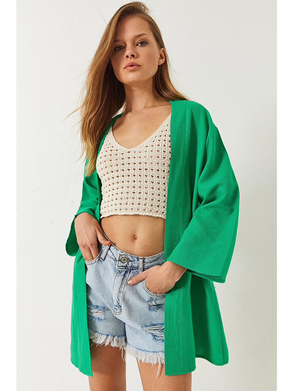 Yeşil Kadın Keten Dokulu Kısa Basic Kimono-2