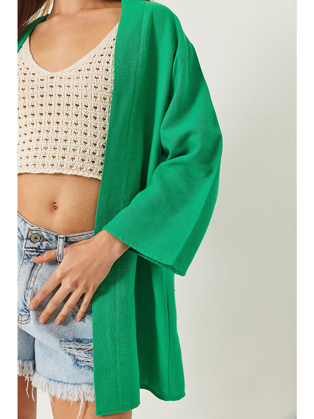 Yeşil Kadın Keten Dokulu Kısa Basic Kimono-3