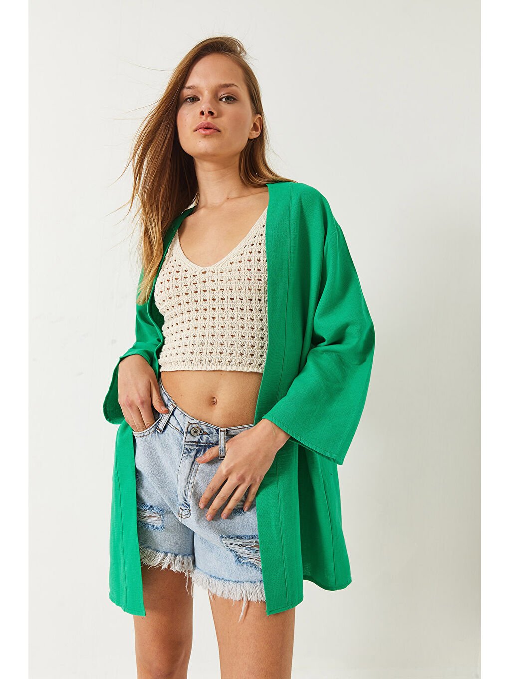 Yeşil Kadın Keten Dokulu Kısa Basic Kimono-4