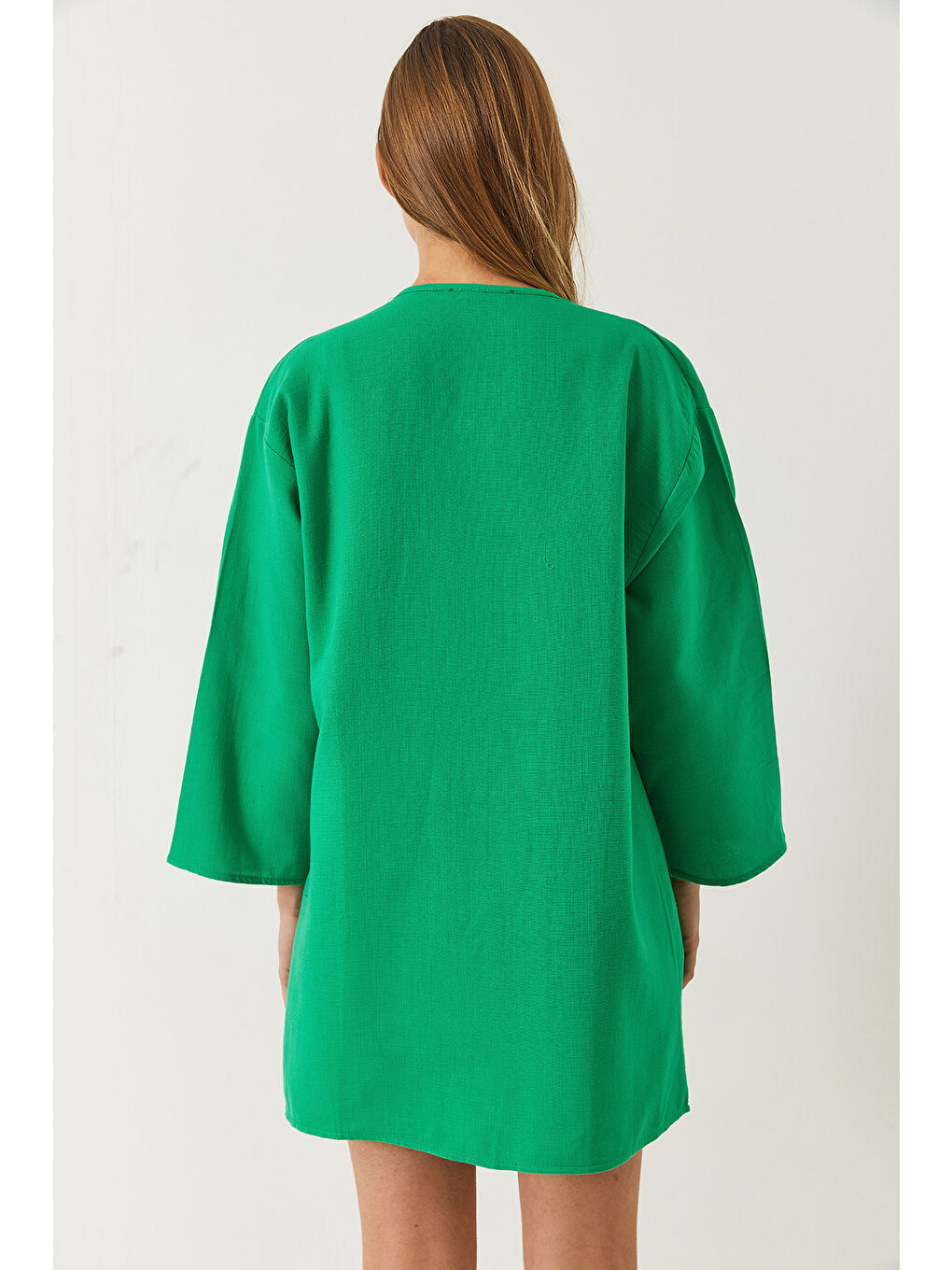 Yeşil Kadın Keten Dokulu Kısa Basic Kimono-5