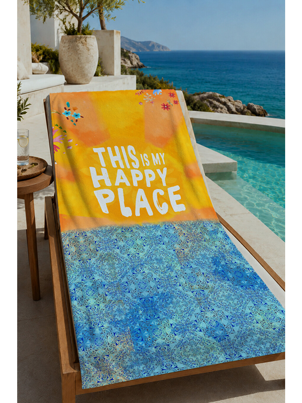 Turuncu Happy Place Yazılı Deniz Desenli 70x150 Cm Dijital Baskılı Plaj Ve Banyo Havlusu