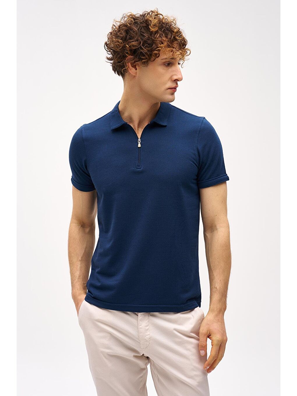 Lacivert Slim Fit Dar Kalıp Fermuarlı Polo Yaka Düz Kısa Kollu  Tişört-1
