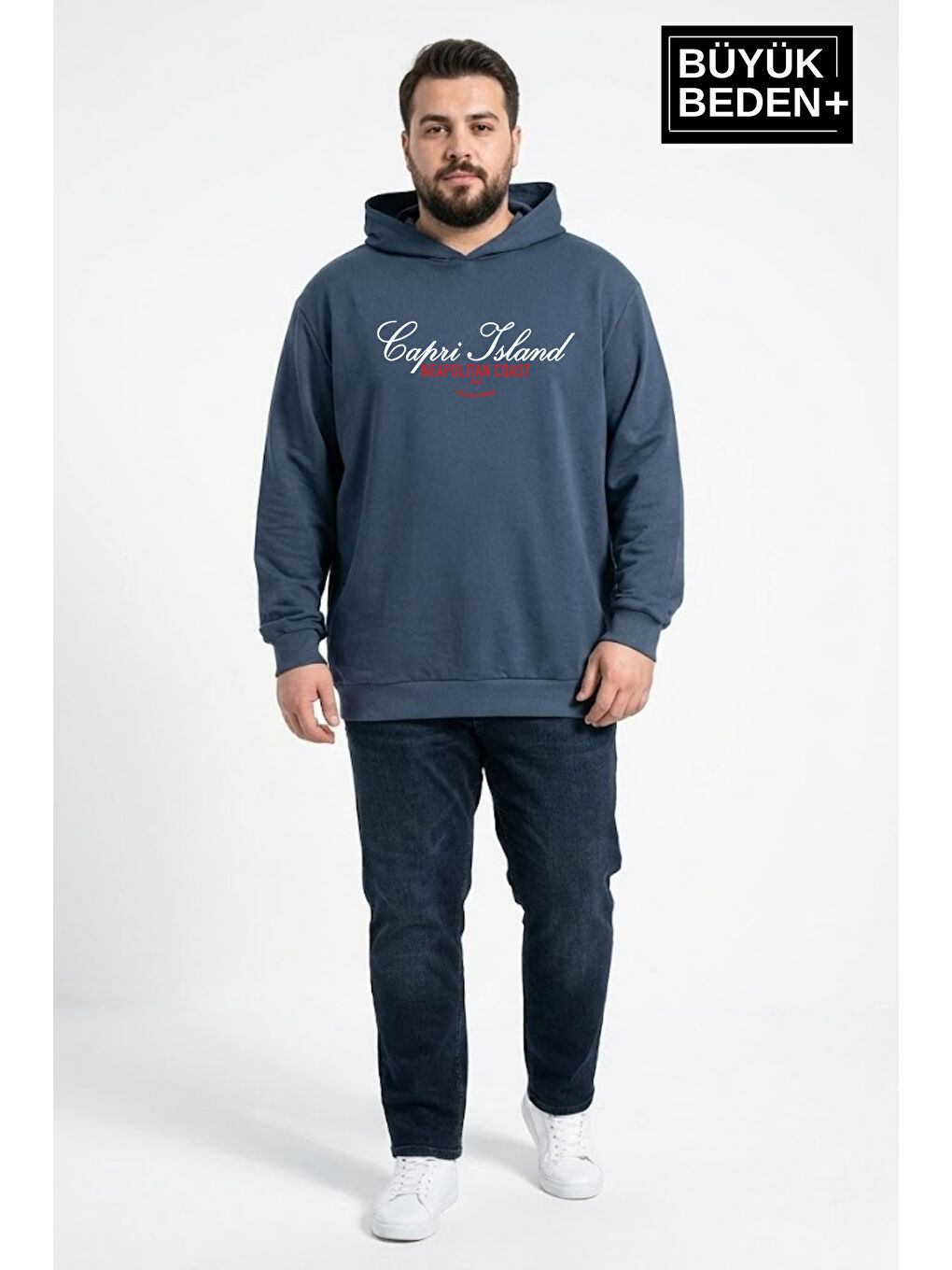 Mavi Erkek Büyük Beden İnce Kapüşonlu Capri Island Baskılı İnce Sweatshirt SPR26BSW957-14