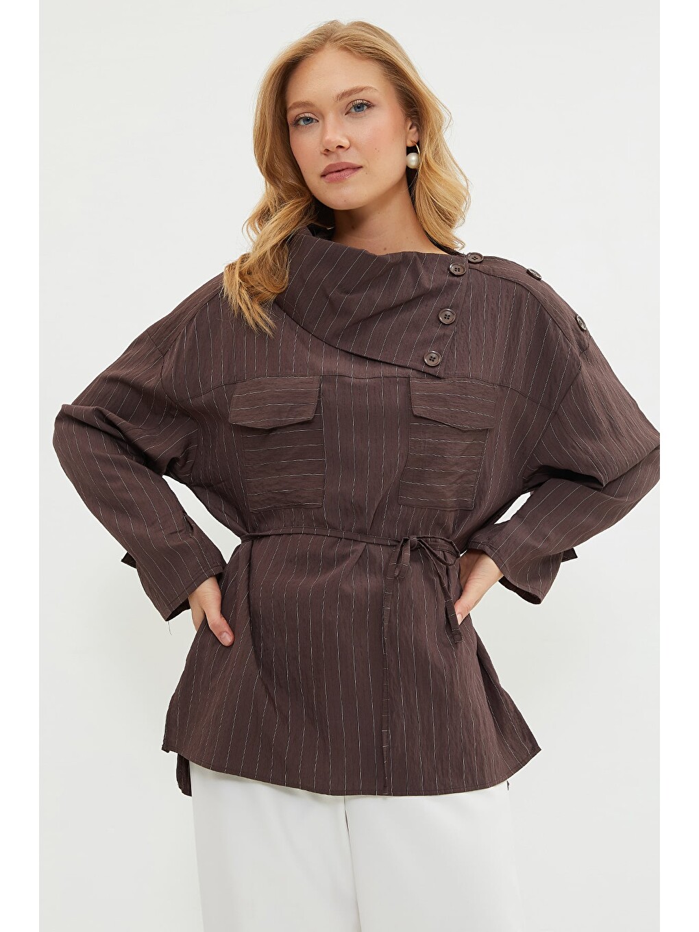Kahverengi Fullamodest Yakası Çizgili Asimetrik Kesim Tunik-3