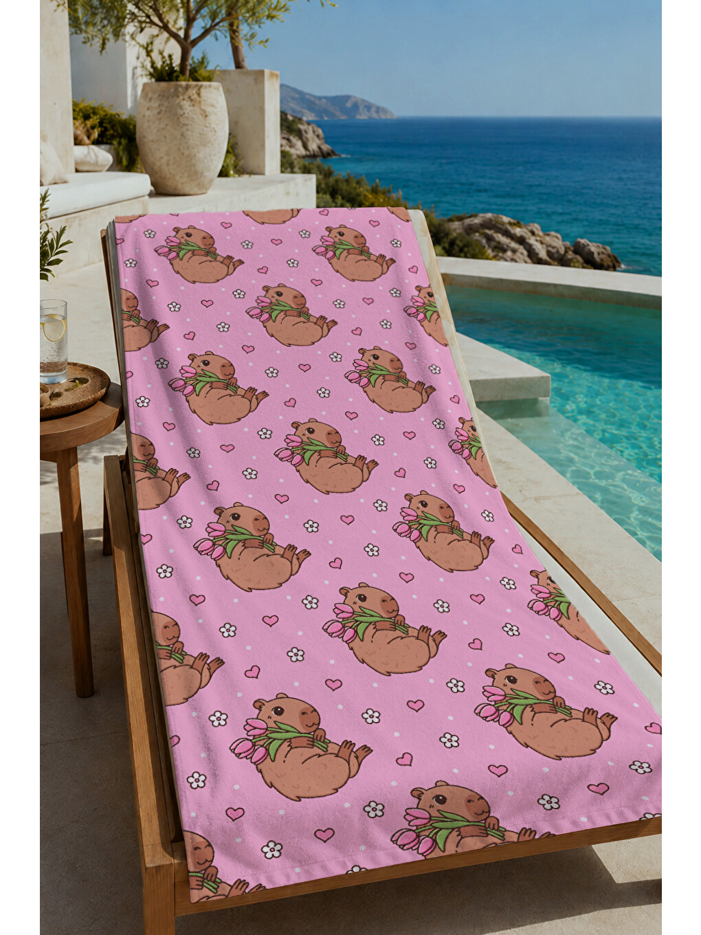 Pembe Sevimli Deniz Kaplumbağası Tekrarlı Desenli 70x150 Cm Dijital Baskılı Plaj Ve Banyo Havlusu