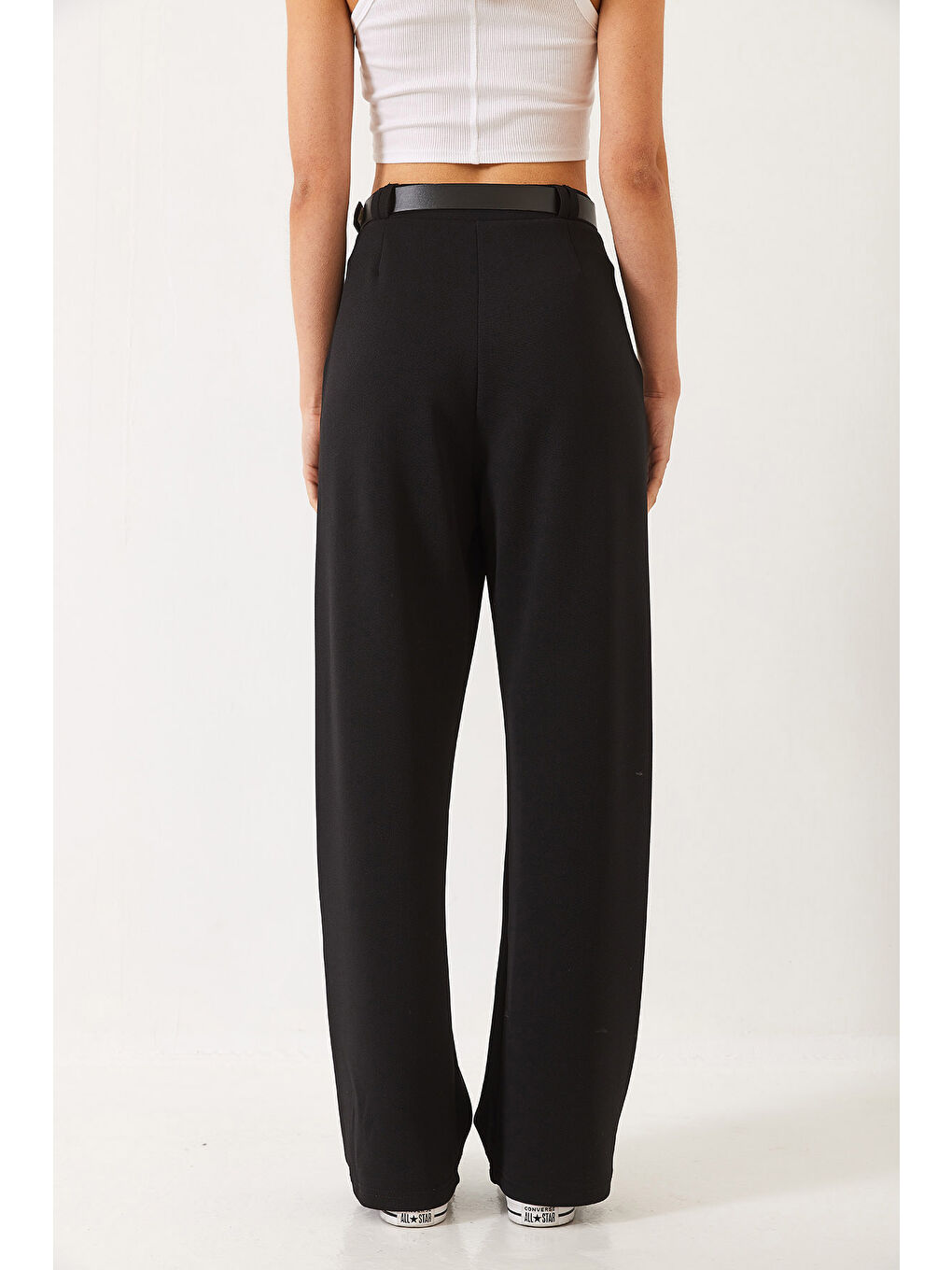 Siyah Kadın Çift Pile Detaylı Kemerli Örme Pantolon-7