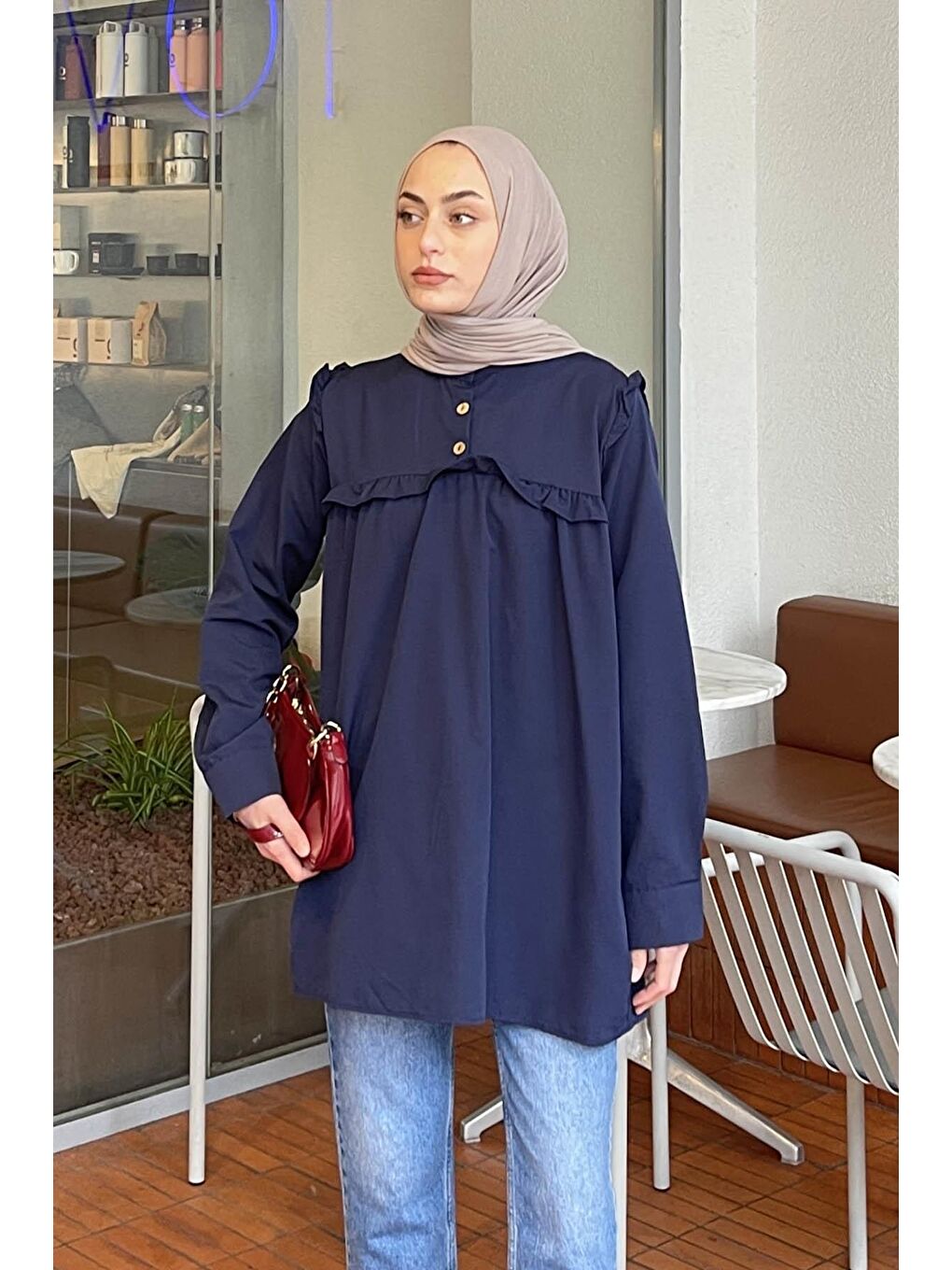 Hakim Yaka Önü Pileli Tunik Lacivert-1