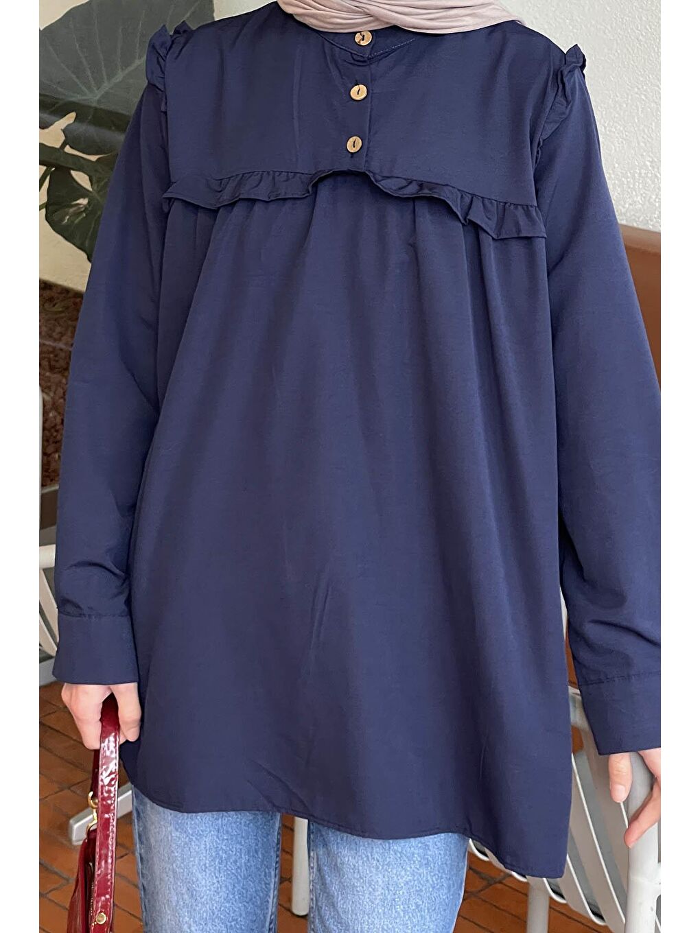 Hakim Yaka Önü Pileli Tunik Lacivert-2