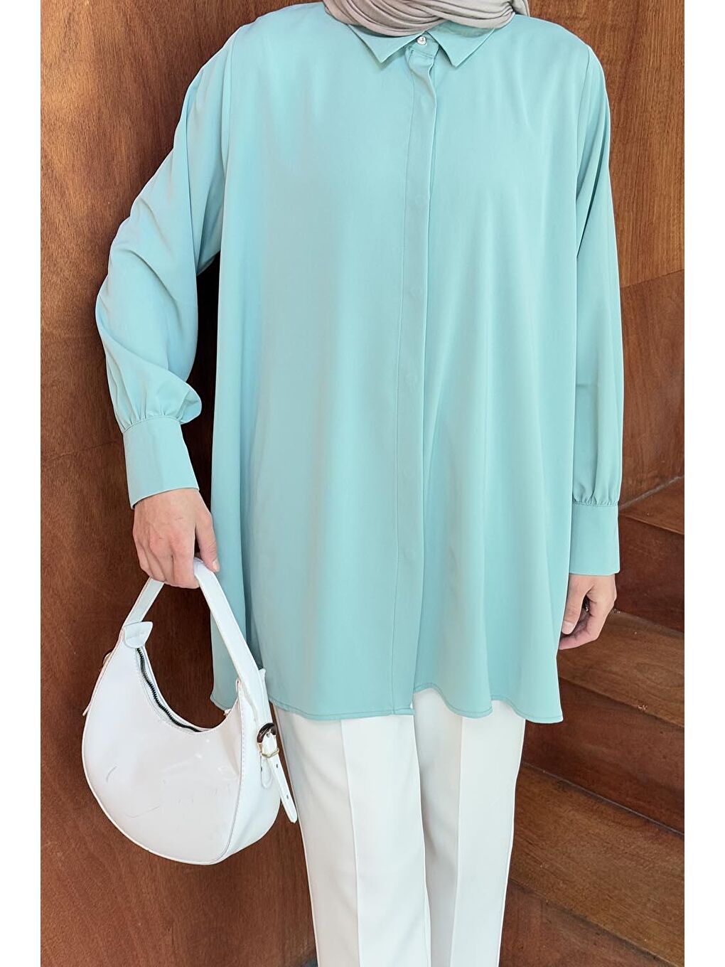 Gizli Düğme Detaylı Tesettür Tunik Mint Yeşili-2
