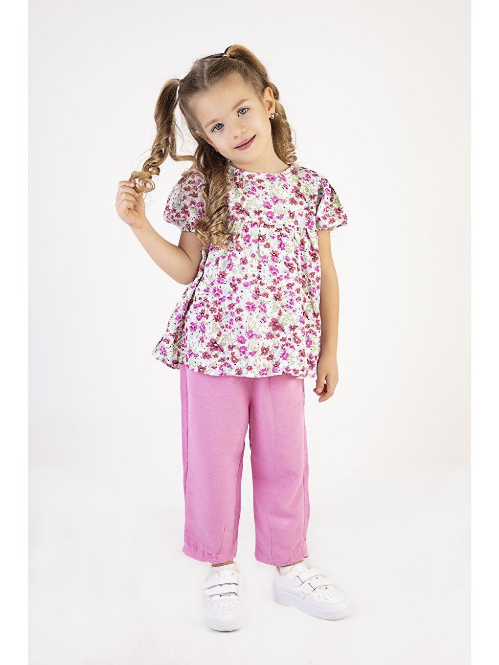 Harika KIDS Pembe Kız Çocuk Dokuma Üst Keten Pantalon Model Alt-Üst Takım - 1