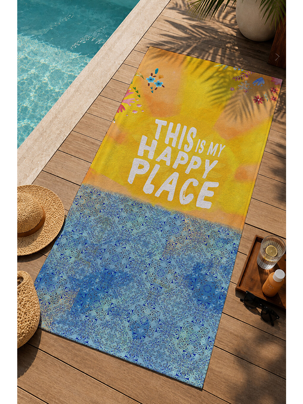 Turuncu Happy Place Yazılı Deniz Desenli 70x150 Cm Dijital Baskılı Plaj Ve Banyo Havlusu-2