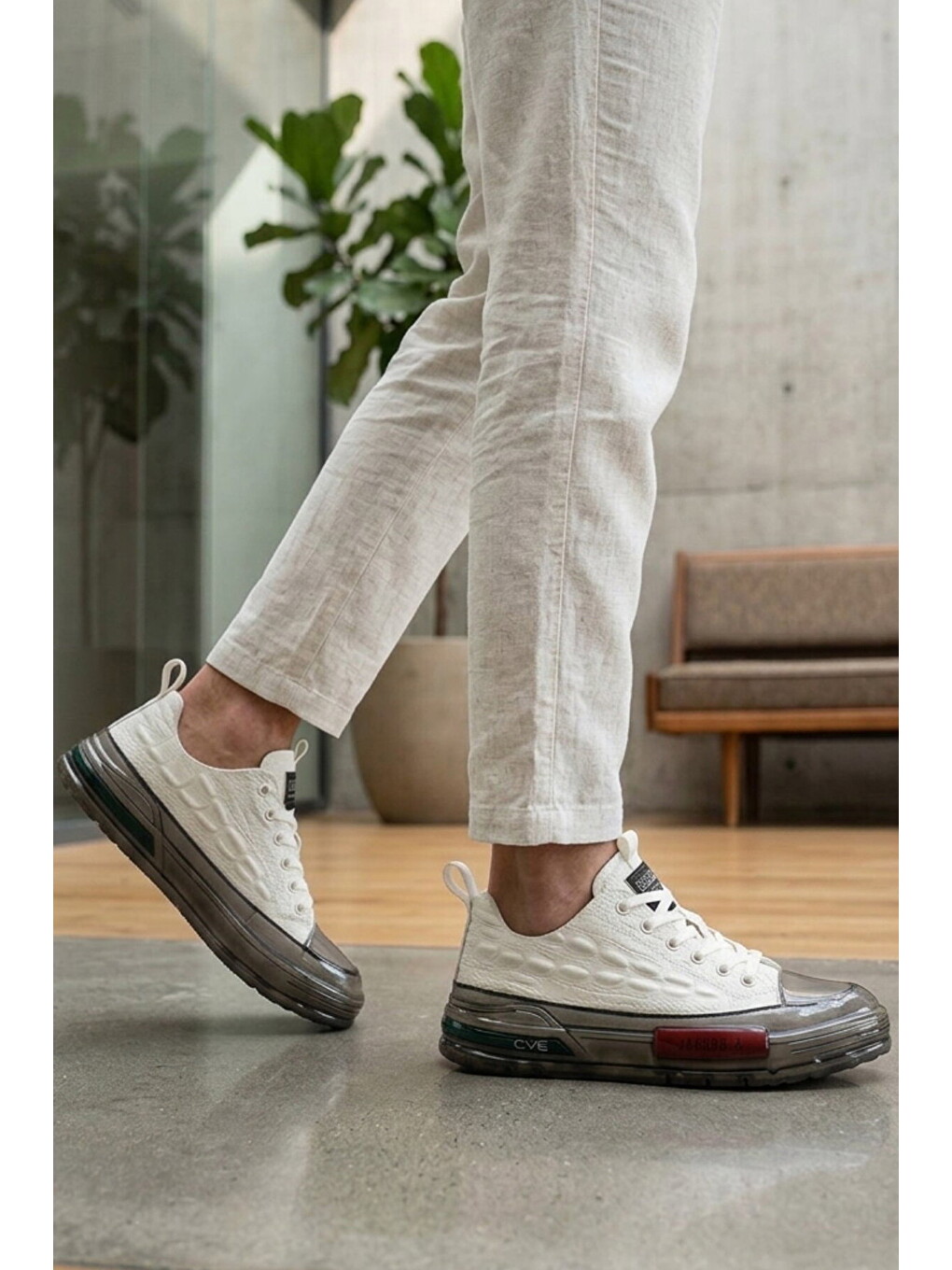 Beyaz Hakiki Deri Kroko Desenli Kalın Taban Erkek Casual Ayakkabı Sneaker E058 M-2