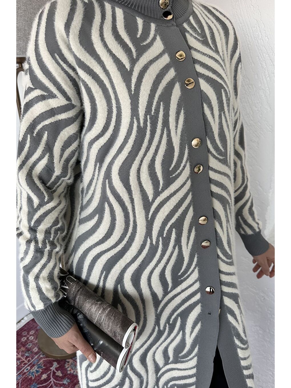 Gri Desenli Angora Tesettür Triko Hırka-6