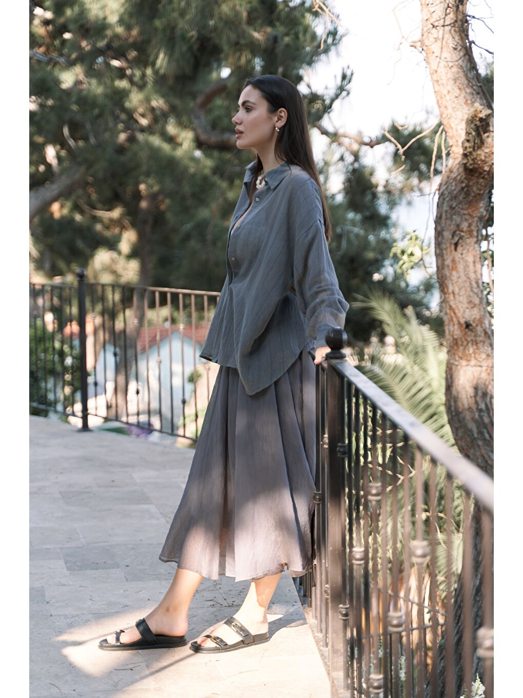 Seonag Volanlı Antrasit Uzun Etek-2