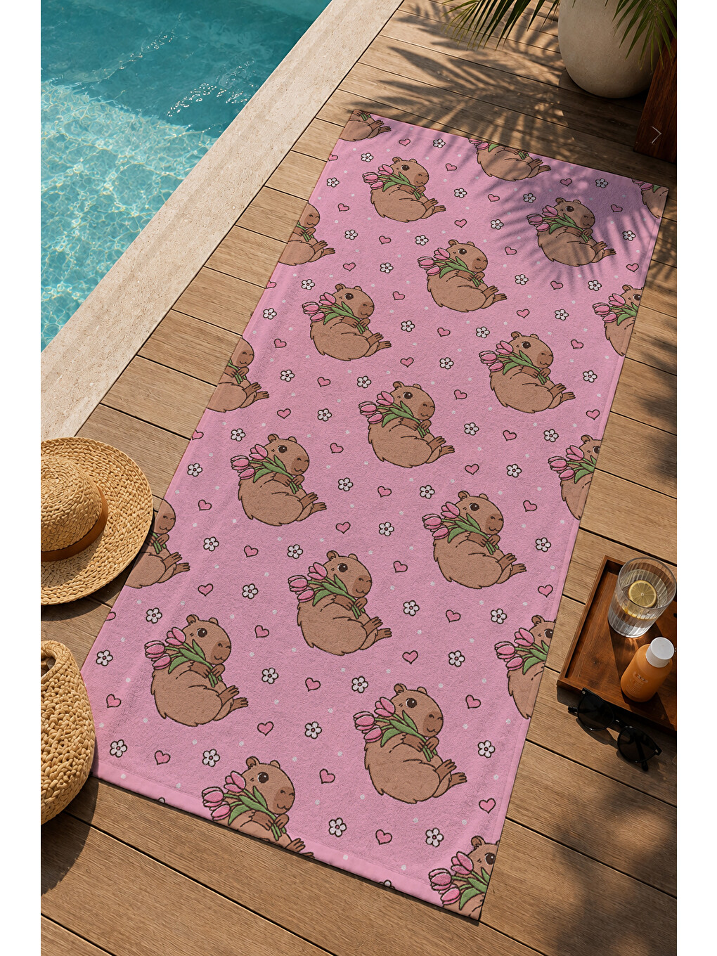 Pembe Sevimli Deniz Kaplumbağası Tekrarlı Desenli 70x150 Cm Dijital Baskılı Plaj Ve Banyo Havlusu-2