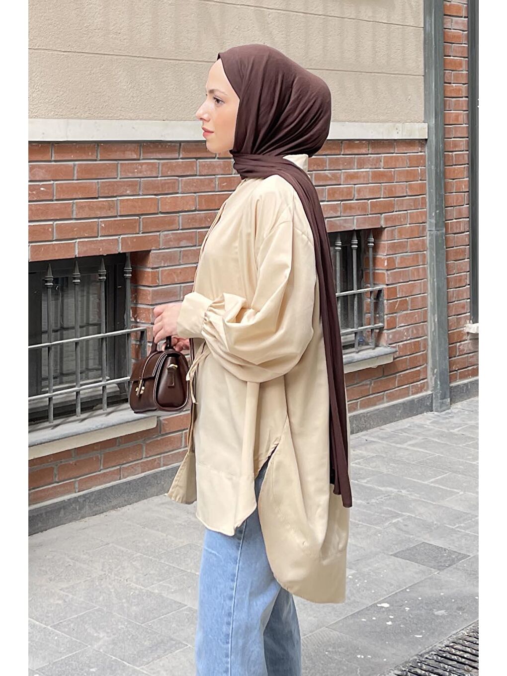 Ekru Manşeti Biyeli Tunik Krem-1