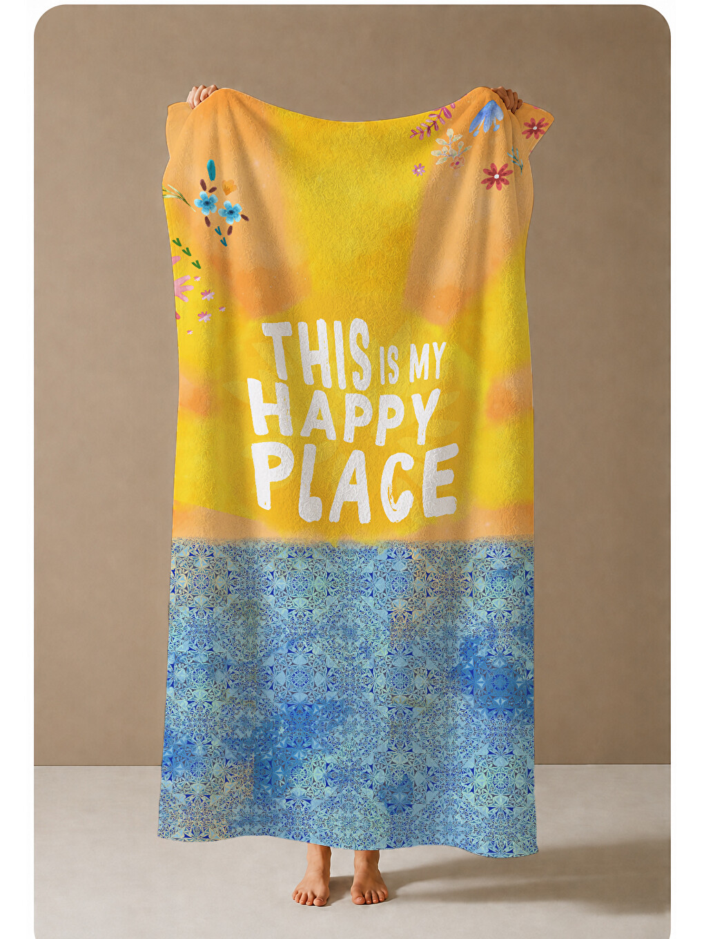Turuncu Happy Place Yazılı Deniz Desenli 70x150 Cm Dijital Baskılı Plaj Ve Banyo Havlusu-3