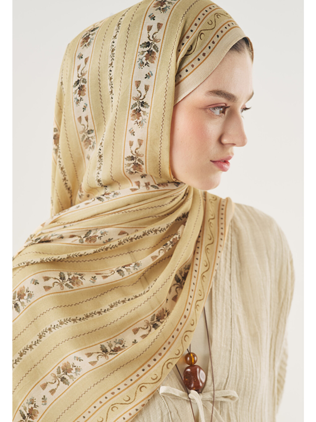 Floral Lines Desen Soft Viskon Şal Soft Sarı-2