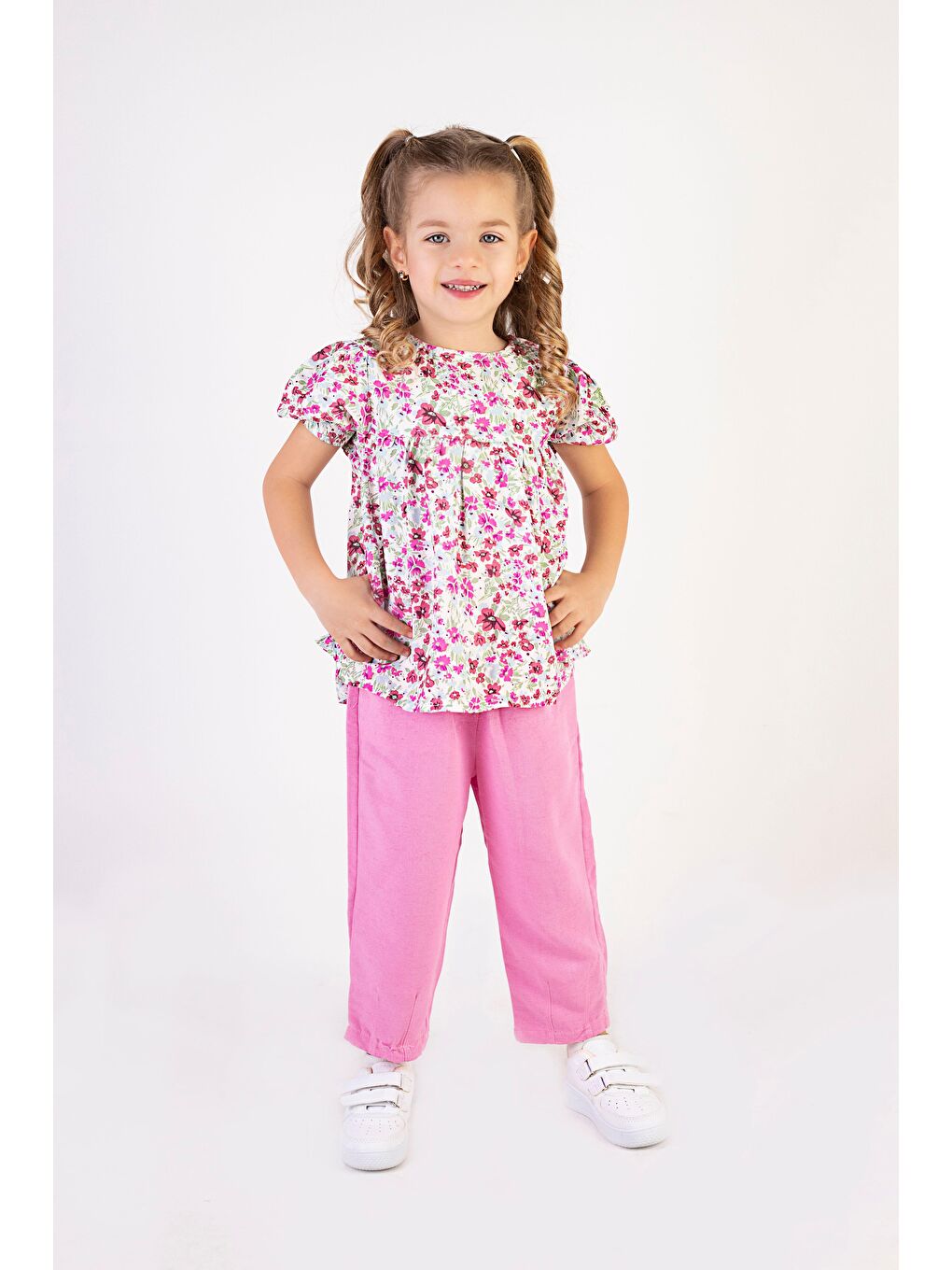 Harika KIDS Pembe Kız Çocuk Dokuma Üst Keten Pantalon Model Alt-Üst Takım - 2