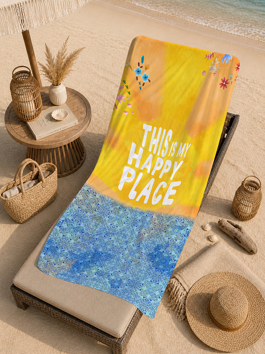 Turuncu Happy Place Yazılı Deniz Desenli 70x150 Cm Dijital Baskılı Plaj Ve Banyo Havlusu-4